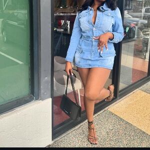 SHEIN Light Blue Denim Mini Shirt Dress